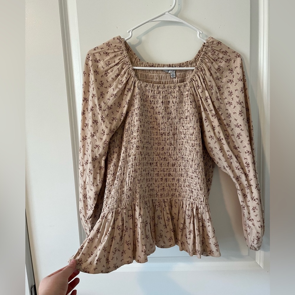 Smocked Cotton Blend Floral Blouse
